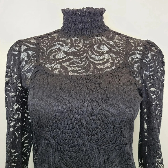 L'Agence Samara Black Sheer Lace Long Sleeve Bell Sleeve Turtleneck Top XS - Picture 5 of 16